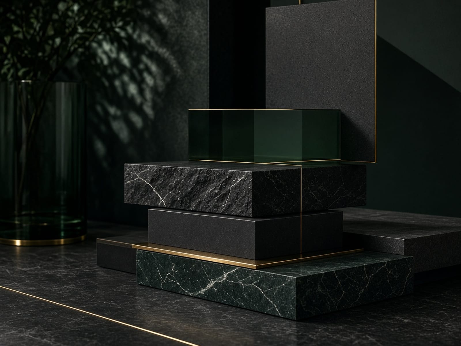 Stacked stone and glass forms in dark green and gold