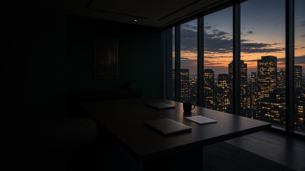 An empty office looking out over the city at dusk