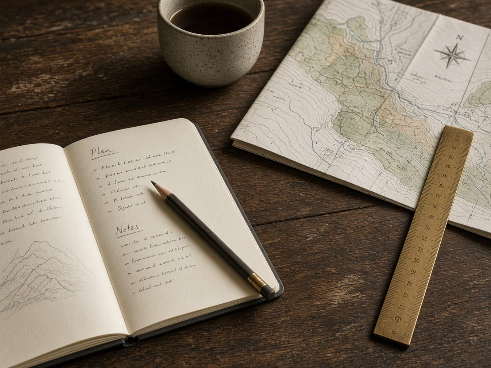 Working notes on a timber desk