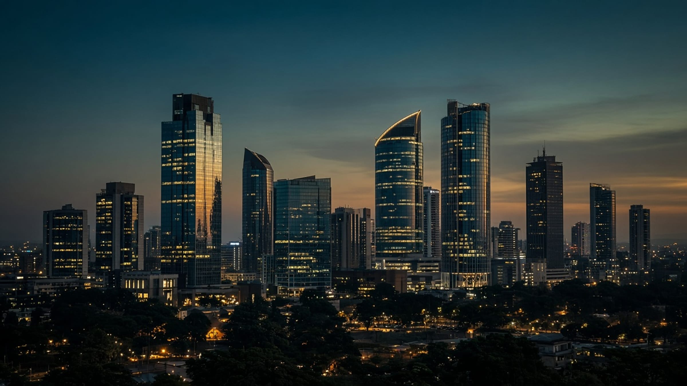 A city skyline at dusk