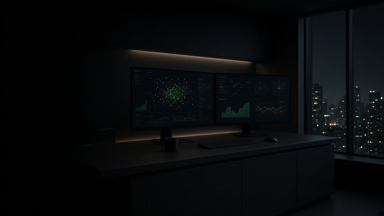 Monitors showing system diagrams in a quiet operations room